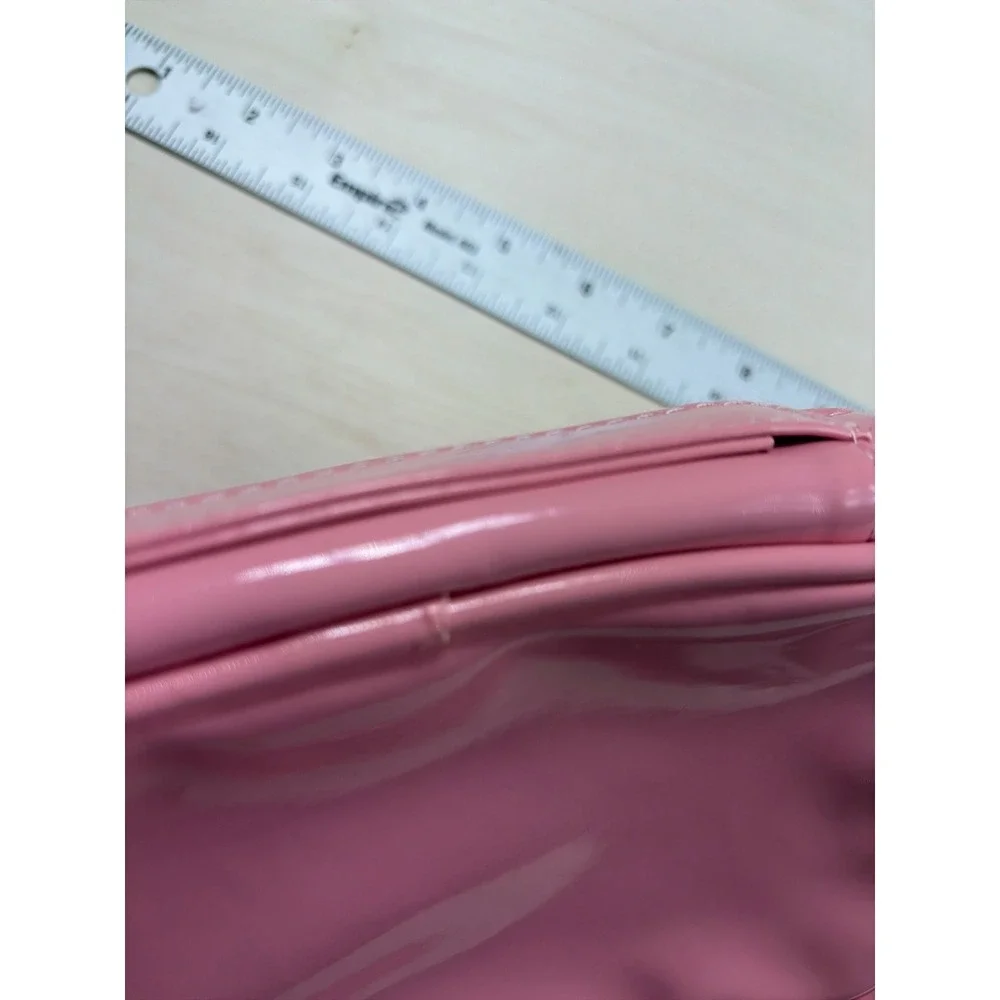 Pink Patent Double Layer Makeup Bag Travel Cosmetic Case with Gold Bow Accent